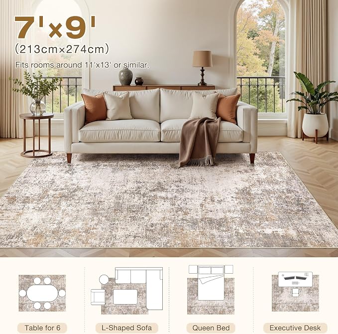 Area Rugs for Living Room: 7x9 Abstract Washable Rug Modern Neutral Large Soft Stain Resistant Non-Slip Backing Machine Table for Bedroom Dining Room Indoor Home Office Carpet - Brown Grey