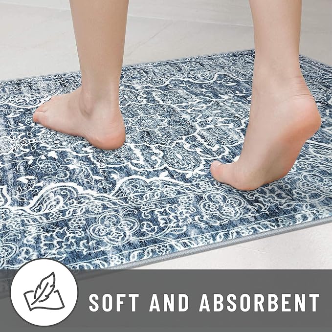 KUTA Modern Floral Area Rug 4x6 Living Room, Washable Printed Vintage Distressed Tribal Blue White Rugs, Non-Slip Dining Room Carpet, Soft Low Pile Cozy Boho Farmhouse Throw for Bedroom