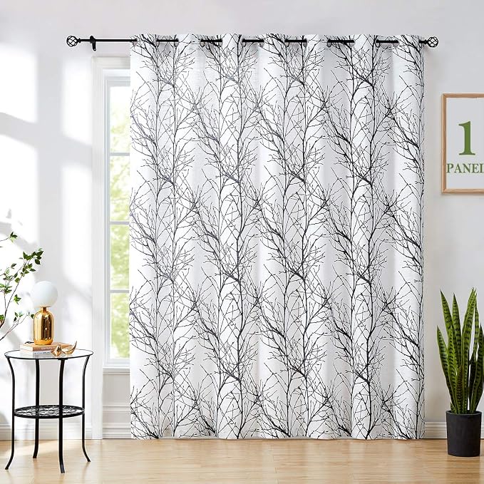 FMFUNCTEX Tree Print Semi Sheer Patio Door Curtain 96 Inches Black Branch White Sliding Door Curtains Extra Wide Privacy Glass Door Curtain, Linen Texture Curtains Grommet Top1 Panel