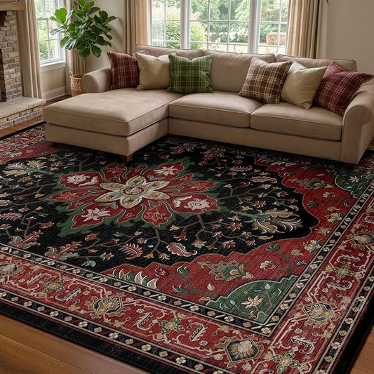 RELEANY Area Rugs 7'x9' Washable Non-Slip, Floral Vintage Distress Medallion Carpet for Living Room Bedroom Dining Room, Red Black