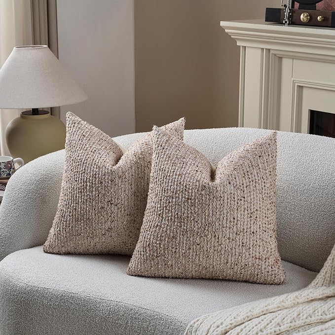 DEZENE Striped Throw Pillow Covers 24x24 Set of 2 Beige Textured Boucle Chic Morden Boho Accent Farmhouse Square Decorative Couch Pillow Covers for Home Decor Bed Sofa Living Room