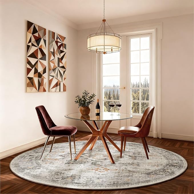4ft Washable Round Rugs for Bedroom: Circle Living Room Rug Boho Vintage Non Slip Low Pile Soft Faux Wool Non Shedding Small Carpet for Kitchen Entryway Bathroom Bedside Office Dorm Farmhouse Indoor