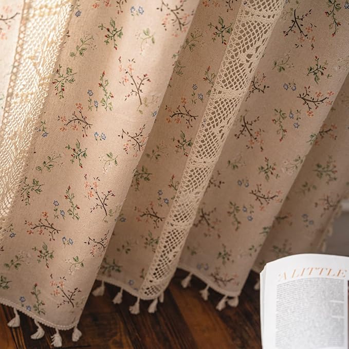 Sutuo Home Boho Curtain Semi-Blackout Crochet Hollow Lace Patchwork with Floral Print Cotton Linen Fabric, Handmade Tassels Rod Pocket Bohemian Window Drapes for Living Bedroom, 59"W x 84"L, 1 Panel