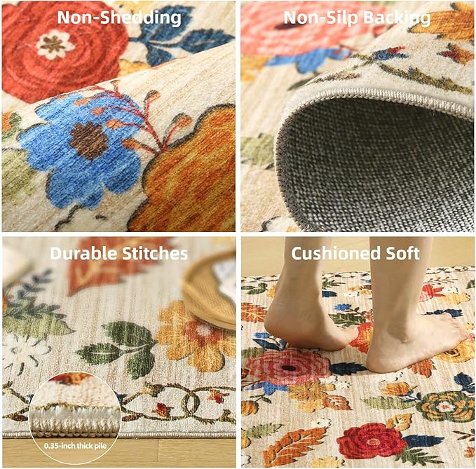 9x12 Area Rug for Living Room: Washable Rug Non Slip Low Pile Soft Faux Wool Non Shedding Distressed Vintage Floral Large Area Rugs for Bedroom Dining Room Kitchen Nursery Under Table Farmhouse Office