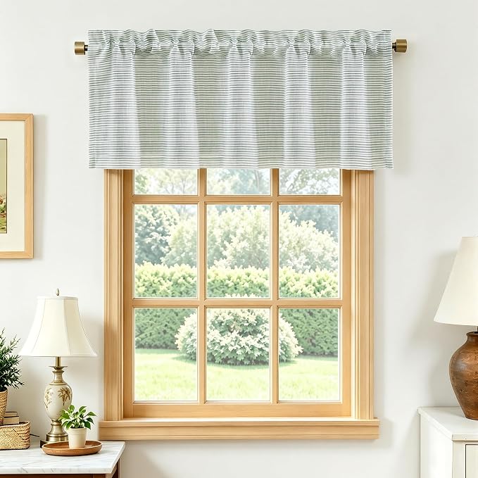 DriftAway Blackout Ticking Striped Curtain Valance 18 Inches Loden Green | Double Layer Farmhouse Country Rustic Stripe Yarn Dyed Woven Thermal Insulated Rod Pocket Valance for Living Room