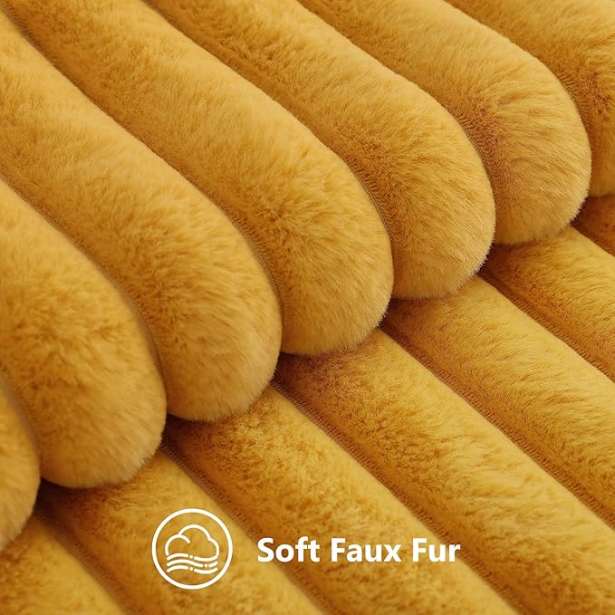 decorUhome Fall Cozy Faux Fur Throw Pillow Covers 12x20 Set of 2 Decorative Plush Striped Lumbar Modern Farmhouse Boho Couch Pillow Cases with Velvet Back for Sofa Bed Living Room, Mustard Yellow