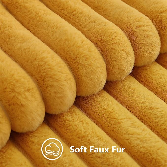 decorUhome Fall Cozy Faux Fur Throw Pillow Covers 16x16 Set of 2 Decorative Soft Plush Striped Modern Farmhouse Boho Couch Pillow Cases with Velvet Back for Sofa Bed Living Room, Mustard Yellow