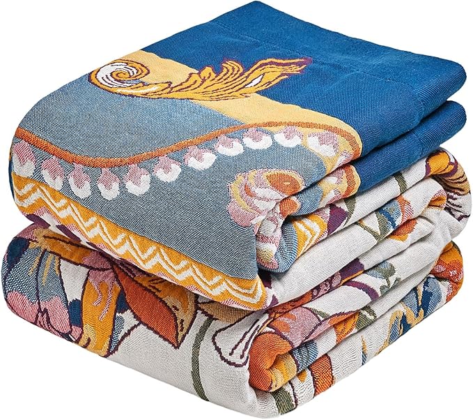 Boho Throw Blanket - 90"x90" 100% Cotton Ultra Soft Lightweight Blanket, 4-Layer Breathable Muslin Blankets for Bed Couch, Reversible Yellow Floral Printed Bohemian Cotton Quilt