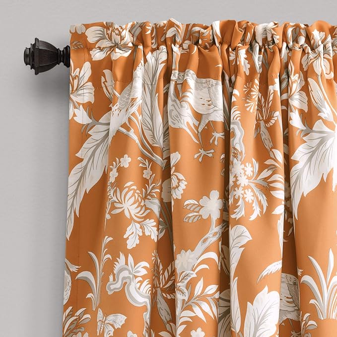 Lush Decor Dolores Light Filtering Window Panels, Pair, 52" W x 84" L, Orange - Floral Curtains for Bedroom - Vintage Curtains - Coquette Room Decor