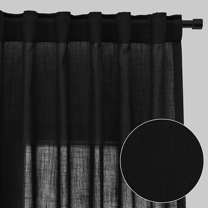 Black Curtains 90 Inches Long Cotton Linen Rod Pocket Back Tab Semi Sheer Black Drapes Privacy Light Filtering Lightweight Aesthetic Modern Elegant Boho Window Curtains 2 Panel Sets for Living Room