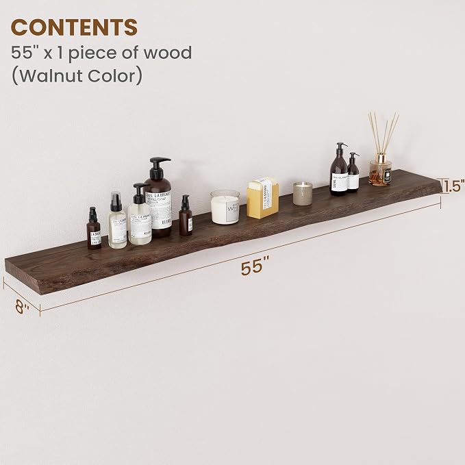 FLYJOE Floating Shelves for Wall Decor, Rustic Solid Elm Wood Live Edge Floating Shelves Wall Mounted, Wall Shelves with Invisible Bracket for Living Room Bathroom Bedroom Kitchen, 55 Inch, Walnut