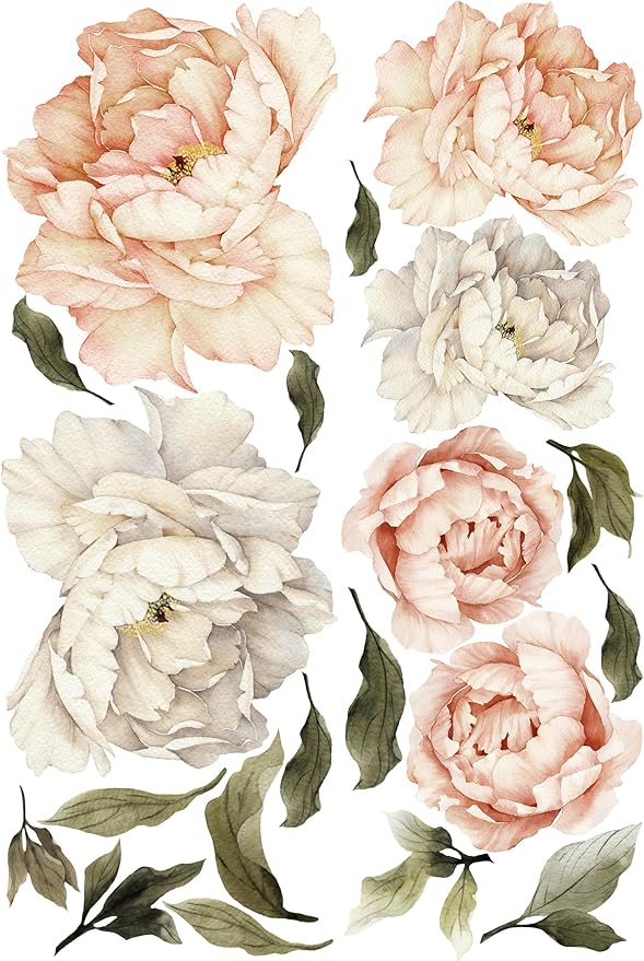 Peony Wall Decal for Bedroom Kids Room Floral Wall Sticker Watercolor Floral Removable Peel and Stick For Girls Peonies Wall Decals Childroom Livingroom