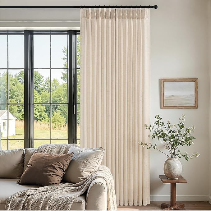 96 Inches Long Pinch Pleated Semi Sheer Curtains,Beige Linen Blended Light Filtering Window Curtains 96 Length 2 Panels for Living Room Bedroom Pinch Pleat Drapes with Hooks 2 Panels 40" Wx96 L
