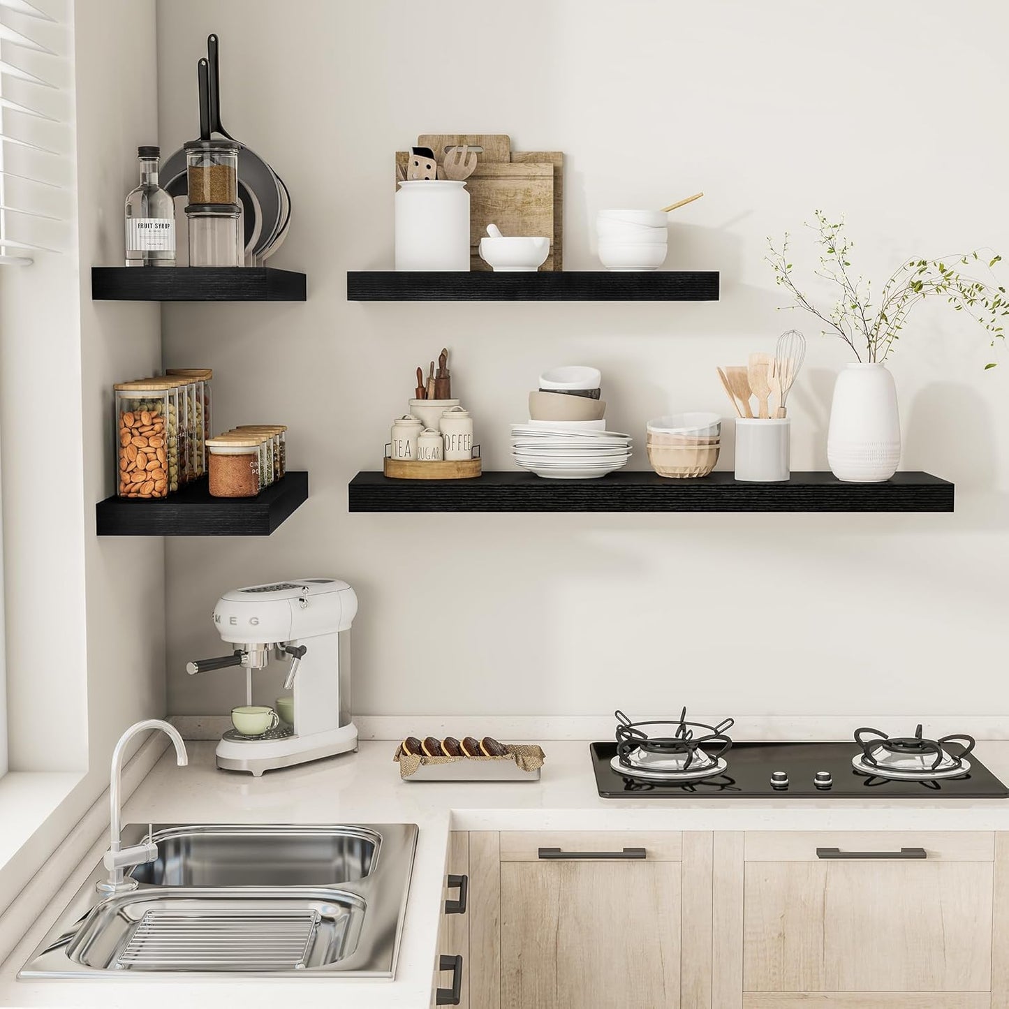 Black Floating Shelves for Wall 24 Inches Long, 12" Deep Wall Shelves 2" Thick, Heavy Duty Shelf for Bedroom, Bathroom, Living Room, Kitchen, Office, Home Decor, Modern Shelf Set of 2, 24" X 12" X 2"