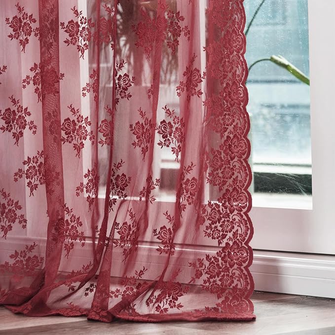 Kotile Maroon Lace Curtains 80 Inches Long 2 Panels Set Rusitc Floral Patterned Cottagecore Burgundy Curtains for Living Room, Rod Pocket Privacy Light Filtering Sheer Window Curtains, 52 x 80 Inch