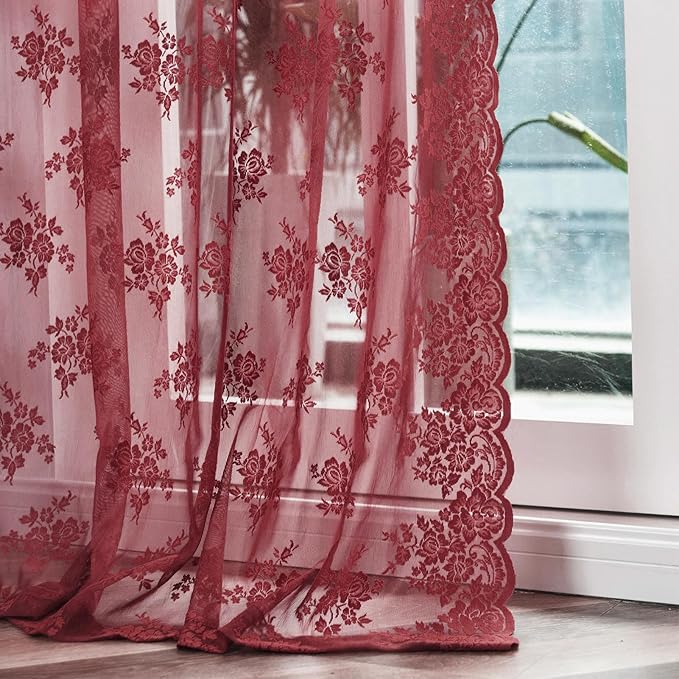 Kotile Burgundy Curtains 54 Inch Length 2 Panels Set Country Rustic Floral Cottagecore Maroon Lace Curtains for Windows, Rod Pocket Privacy Light Filtering Sheer Window Curtains, 42 x 54 Inch