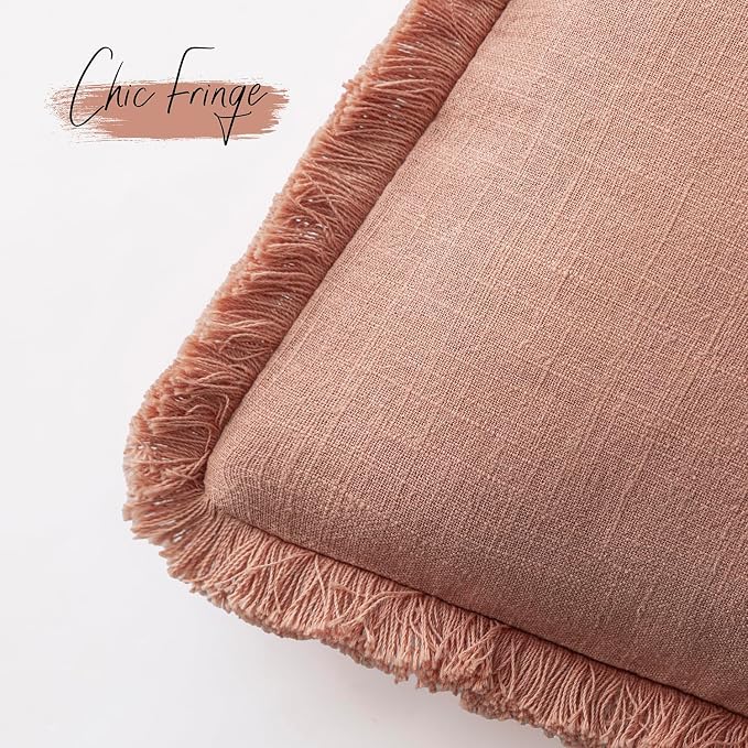 Foindtower Set of 2 Decorative Linen Fringe Throw Pillow Covers Cozy Boho Farmhouse Cushion Cover with Tassels Soft Accent Pillowcase for Couch Sofa Bed Living Room Home Decor,22×22 Inch,Coral Pink