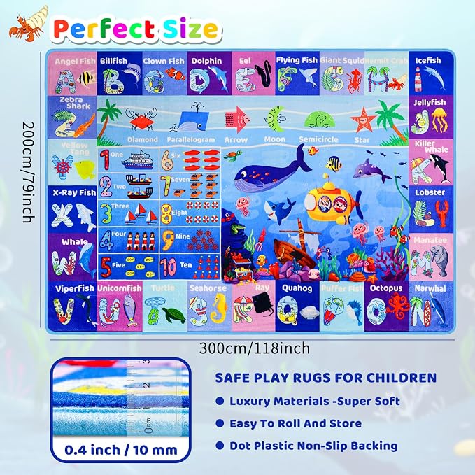Extra-Large 6'7"×10' Ocean World Learning Rug with ABC, Sea Animals, Numbers & Shapes for & Preschoolers, Washable Non-Slip Activity Carpet for Playroom, Nursery, Classroom