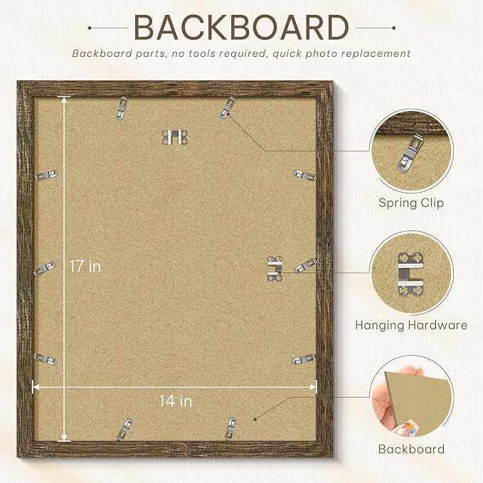 Picrit 14x17 Picture Frame 3 Pack, Wooden Brown Rustic Poster Frame, Display Poster 10 x 14 with Mat or 14 x 17 without Mat for Horizontal or Vertical Wall Mounting