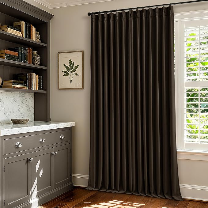 Pleat Chocolate Brown Curtains 108 Inches Long 2 Panels Set for Living Room Memory Shape Pinch Pleated Drapes 100% Black Out Linen Blend Window Ceiling Curtains with Hooks Rings for Office 9 FT