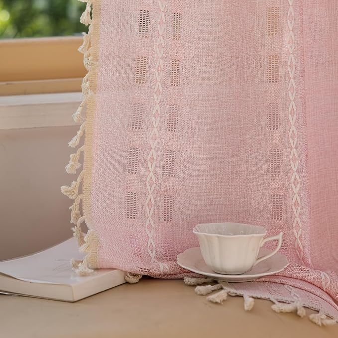 Deeprove Blush Pink Boho Curtain 84 inches Long for Living Room Bedroom, Vintage Bohemian Sheer Cotton Linen 84 inch Floor Length 7 FT Striped Embroidery Privacy Window Tassel W52 x L84, 1 Panel