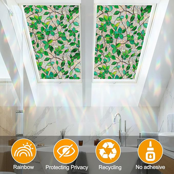 COUNTEWOL Window Privacy Film with Installation Tools Home Decorative Colored Glass Window Stickers Reusable electrostatic Rainbow Stickers (Greenery Leaf, 45.2 x 78.7 in)