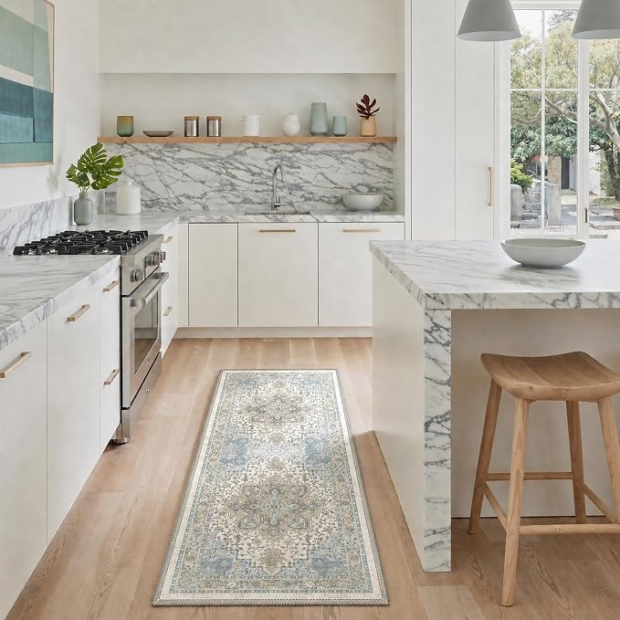GENIMO 2x3 Rug Machine Washable Low Pile Indoor Entryway Mat for Kitchen Entrance Front Door Bathroom with Non Slip Backing Floral Medallion Dusty Blue