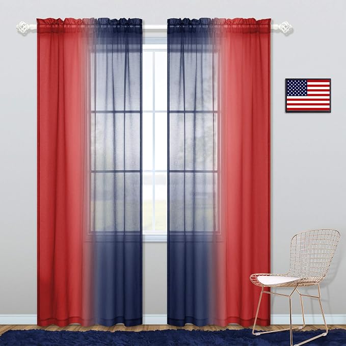 KOUFALL Navy and Red Curtains for Boys Room Decor 2 Panel Sets Rod Pocket Ombre Sheer Patriotic Navy Blue Curtains for Kids Bedroom Decorations Teen Canopy Bed 50 x 84 Inch Length