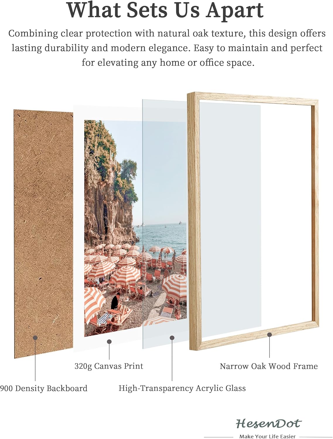 HesenDot Natural OAK Wood Framed Summer in Positano Wall Art,12x16in Italy Amalfi Coastal Canvas Wall Print,Arienzo Beach Umbrellas Poster Wall Decor for Living Room,Bedroom,Office Gallery Set of 1