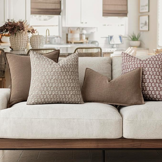 Foindtower Set of 2 Decorative Neutral Floral Print Throw Pillow Covers Vintage Accent Farmhouse Cushion Covers Boho Home Decor for Sofa Couch Chair Bedroom Living Room,20×20 Inch,Tan Taupe