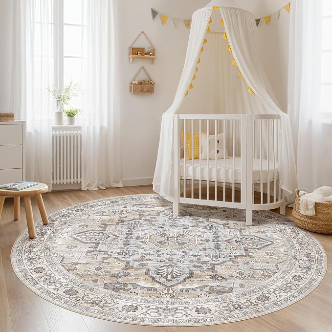 Round Rug Living Room Rugs: 7x7 Washable Boho Neutral Large Circle Soft Indoor Distressed Stain Resistant Floor Farmhouse Carpet for Bedroom Nursery Kids Playroom Office Dining Room Dorm- Cream Gray