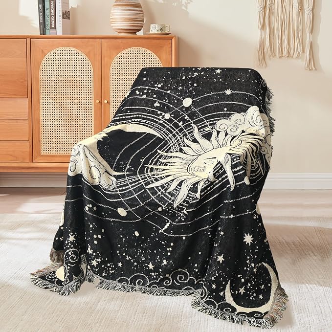 Boho Throw Blanket Reversible Cotton Bohemian Tapestry Hippie Room Decor Outdoor Blanket Double Sided (Sun Moon 50"x60")