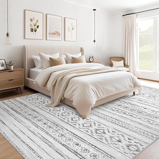 cotiled 9x12 Area Rugs Living Room Rug: Washable Boho Rugs with Non Slip Backing Large Soft Indoor Stain Resistant Carpet for Bedroom Farmhouse Dining Room Lightweight Home Decor Cream Grey