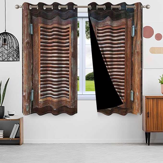 Rustic Wooden Barn Door Blackout Window Curtains Wood Planks Farm Farmhouse Curtains Country Retro Western Vintage Brown Window Treatments Kitchen Bedroom Living Room Decor,53x45 inch,2 Panels