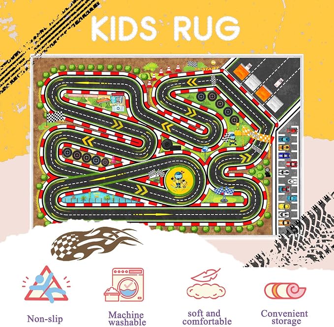 Kids Racing Rug 47''X71'' Car Road Kid Rug Carpet Playmat for Playoom Traffic Road Kid Play Mat for Bedroom，Kids Educational City Traffic Road map Fun Carpet (Brown)
