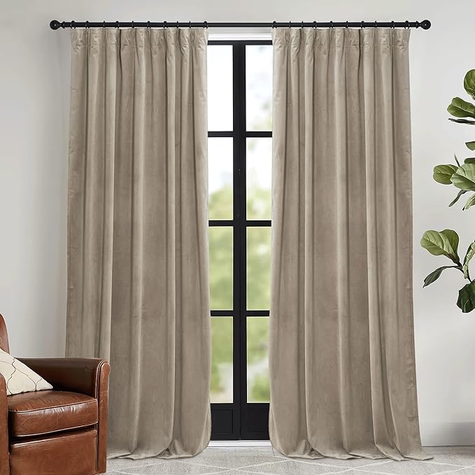 RYB HOME Camel Beige Velvet Curtains for Bedroom Living Room, Thermal Insulated Privacy UV Heat Blocking Luxurious Drapes for Nursery Dining Room, 52"W x 92"L, 2 Panels, Rod Pocket/Back Tab/Hook Belt