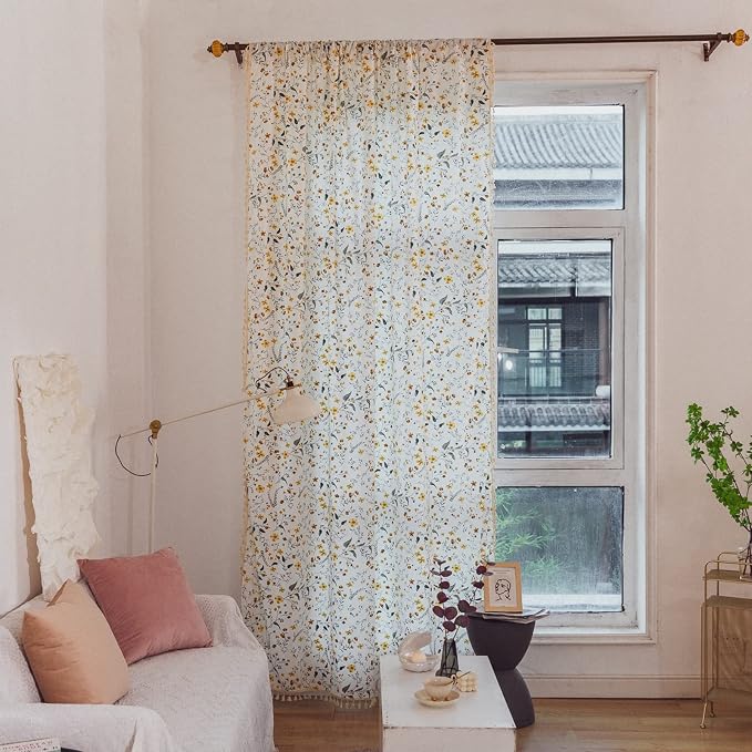 Sutuo Home Boho Curtain Semi-Blackout Vintage Florals Print Cotton Linen Fabric, Handmade Tassels Rod Pocket Bohemian Farmhouse Country Window Drape for Living Bedroom, 59" W x 63" L, 1 Panel