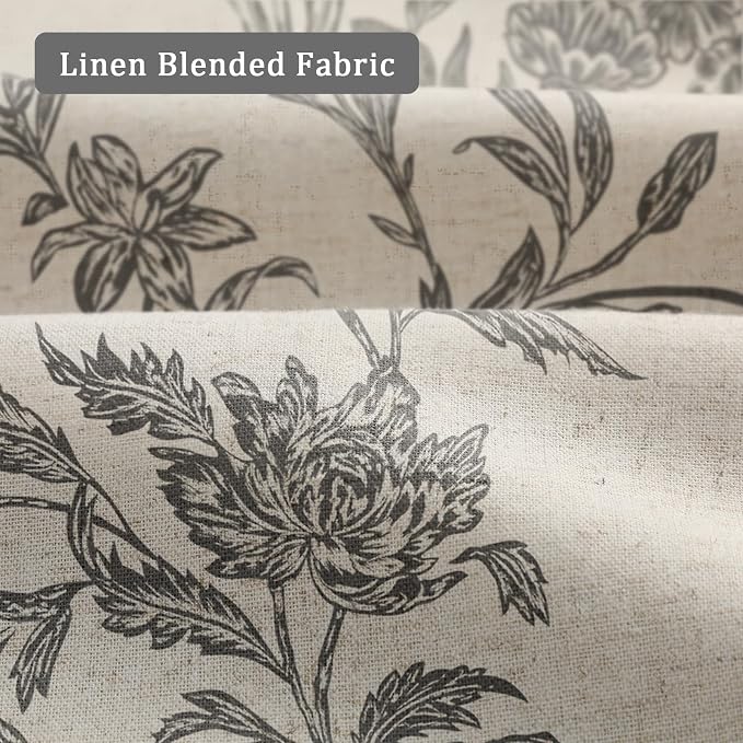 Black Floral 100% Blackout Curtains for Bedroom 84 Inch Length 2 Panels Set, Linen Texture Farmhouse Curtains for Living Room