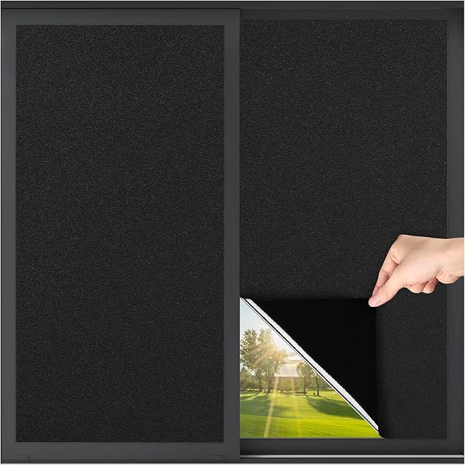 LUTE Blackout Window Film, Sun Light Blocking Frosted Privacy Cling for Glass, Darkening Window Tint for Day Sleep Black Out Shades, UV Blocking Static Cling Blackout Cover， 23.6" x 157.4"