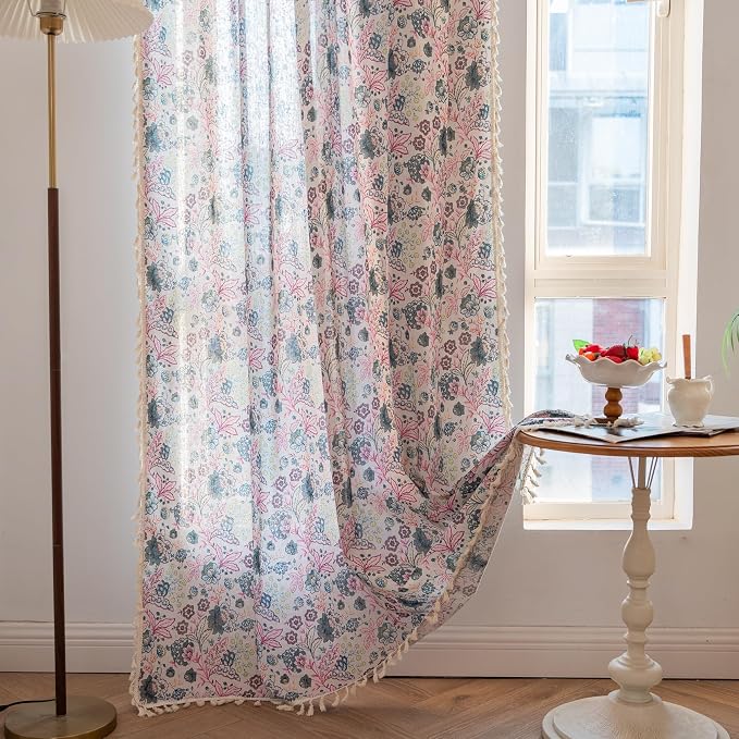 OYX Boho Crochet Curtains 63 Inch Length 2 Panels for Living Room, Bedroom Light Filtering Drapes, Farmhouse Vintage Country French Rustic Tassels Pattern Rod Pocket Aesthetic Decor Window Treatments