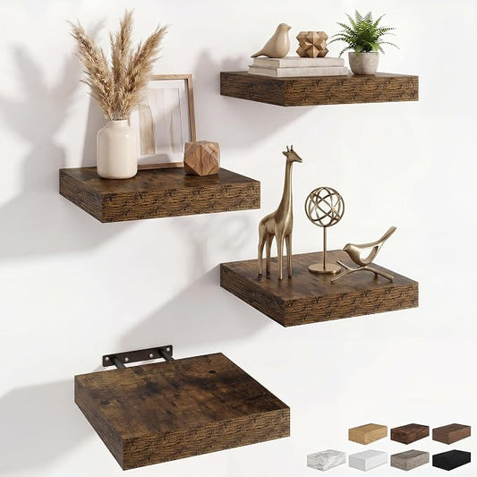 RICHFOCUS 8 Inch Floating Shelves for Wall Small Square Shelves Set for Bedroom|Kitchen|Bathroom|Wall Mounted Rustic Wood Floating Shelf with Invisible Brackets for Books|Storage|Decor, Rustic Brown