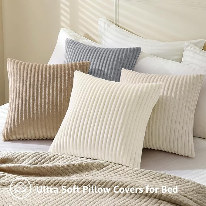 decorUhome Set of 4 Flannel Throw Pillow Covers 16x16 Inch, Spring Decorative Soft Double-Sided Fluffy Couch Pillow Covers, Farmhouse Neutral Pillow Cases for Sofa Living Room (Beige/White)