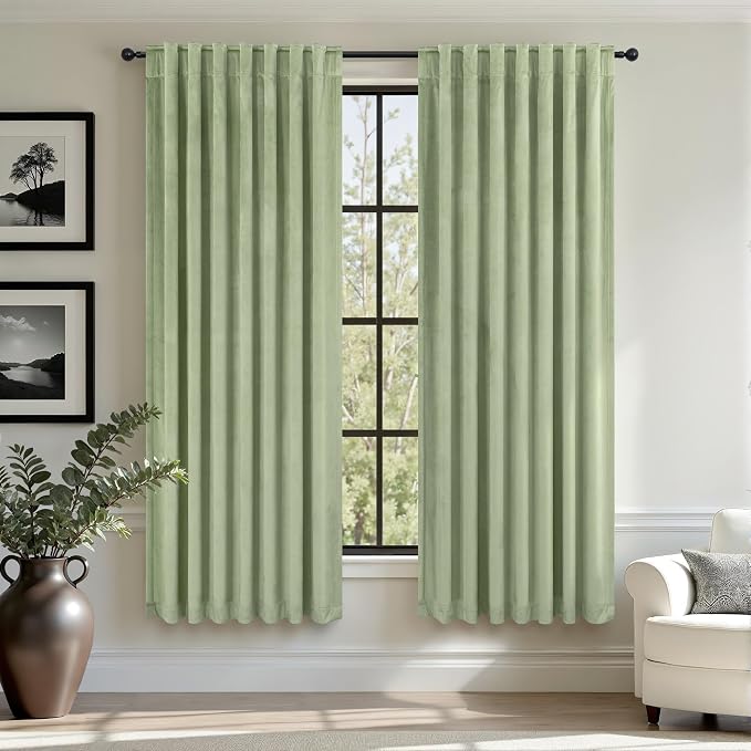 Sage Green Back Tab Velvet Curtains 63 Inch Length for Boys Bedroom Girls Room Darkening Thermal Insulating Short Curtains for Kitchen Closet Movie Theater Rustic Vintage Decor Satin Silky 2 Panels