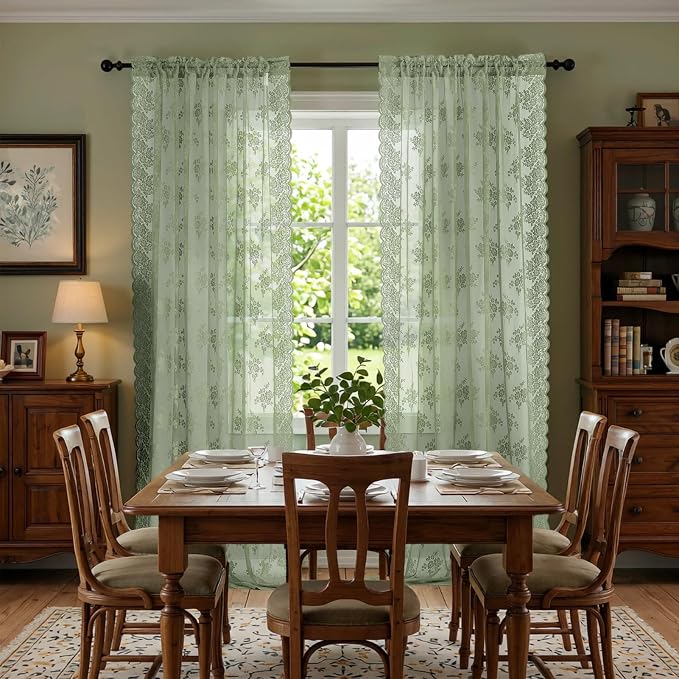Kotile Sage Green Lace Curtains 84 Inches Long 2 Panels, Country Rustic Floral Design Green Spring Curtains for Living Room, Rod Pocket Privacy Sheer Lace Curtains, 42 x 84 Inch Each, Sage Green