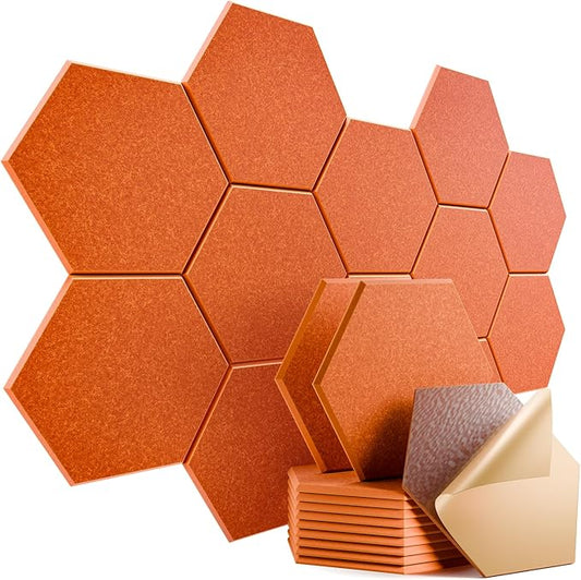 12 Pack Self-Adhesive Acoustic Panels 12" X 10" X 0.4" - Sound Proof Foam Panels with High Density, Stylish Hexagonal Design, Flame Resistant, Absorb Noise and Eliminate Echoes(Tangerine)