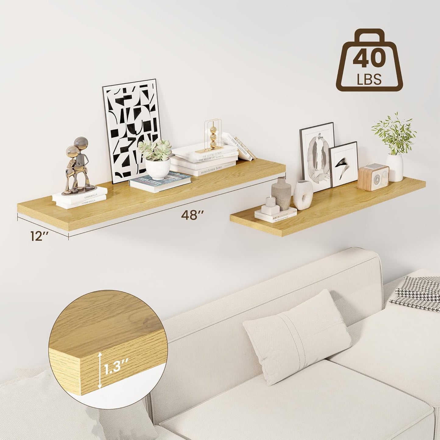 48" Floating Shelves for Wall, 12" Deep Slim Oak Floating Shelves, Wall-Mounted Shelves for Bedroom, Living Room, Kitchen, Bathroom - Set of 2