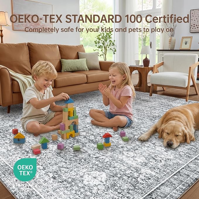 Sasttie 8x10 Area Rugs, Ultra-Soft Washable Rug, Low Pile Foldable Thin Carpets with Non-Slip Backing, Skin-Friendly Stain Resistant Carpet for Living Room, Bedroom, Kitchen, Dorm, 8x10, Light Grey