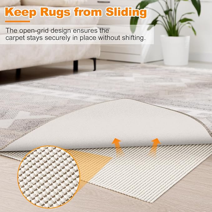 Songrey Non-Slip Rug Pad 8x10 FT, Extra Thick Carpet Pads for Hard Surfaces, Prevents Sliding and Secures Rugs, Provides Floor Protection with Comfort Cushioning