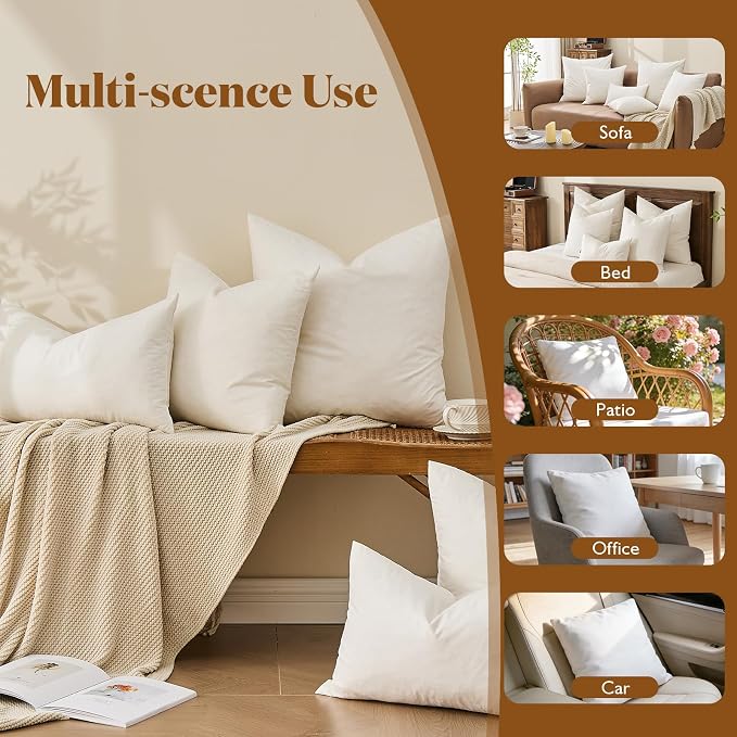 BPC 18x18 Down Feather Throw Pillow Inserts Set of 2, 100% Organic Cotton Cover, Soft Square Decorative Pillow for Sofa, Couch and Bed, White