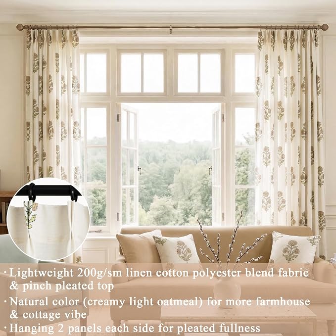 French Country Floral Linen Curtains for Living Room Dining Room, 84 Inch Neutral Farmhouse Pinch Pleated Drapes, Light Filtering Sheer Block Print Vintage Botanical Patterned Curtain for Bedroom